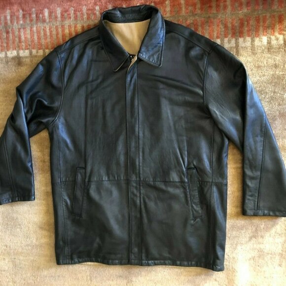 WEATHERPROOF Soft Black Leather reversible men's 3/4 length coat SZ L EXCELLENT - Picture 1 of 9